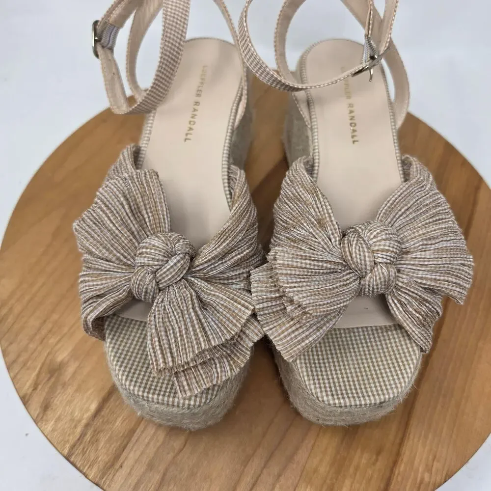 Loeffler Randall Shoes 7.5 Posey Espadrille Gingham Pleated Wedge Bow Jute Chic